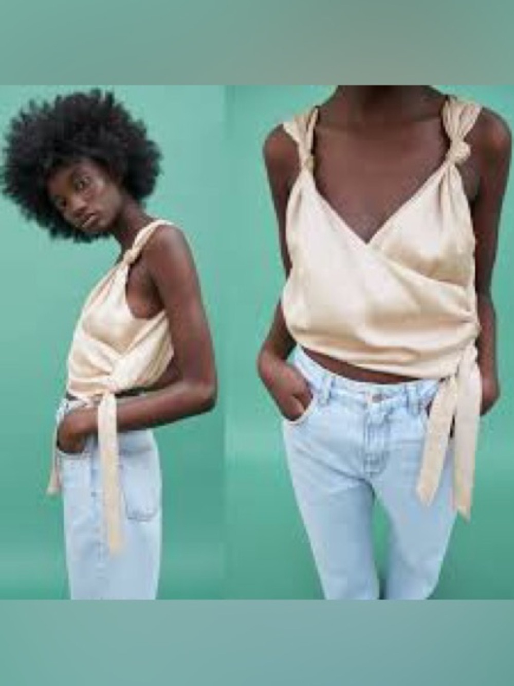 Zara‎ Champagne sateen effect shoulder knot cropped wrap style Blouse Sz. MED